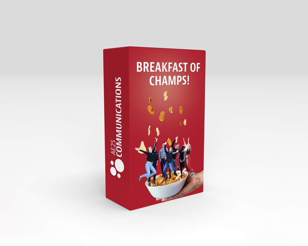 AE2S Communications Team on a box of cereal